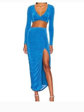REVOLVE Electric Blue Ruched Maxi Skirt with High Slit
